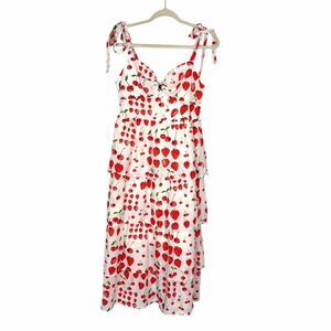 Crystal Doll Midi Dress Womens Large White Red Strawberry Cherry Print Tiered